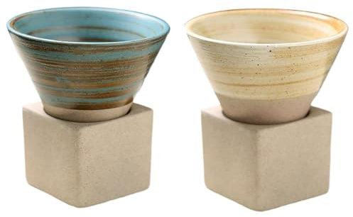 RUDFUZ Coarse Pottery Coffee Mug with Base, 2 Pcs Triangular Cone Shape Porcelain Mug 100ml Funnel Ceramic Japanese Coffee Tea Mug Stoneware Funnel Coffee Cup Set for Coffee, Tea, Latte And Milkshake