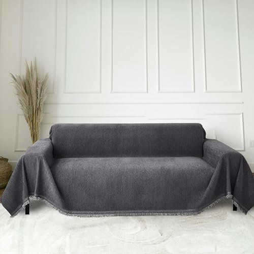 FLRISNTIG Sofa-Schonbezug Mit Fransen, Chenille Decke, Anti-Rutsch Abdeckung, Multifunktionsdecke Für Zuhause, Wohnzimmer, Büro (Dunkelgrau, 230X380cm)