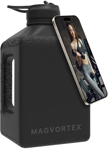 Generic MAGVORTEX Wasserflasche mit Magnet (Schwarz Matt) - 2,5 Liter - BPA-frei, PETG-Kunststoff, Spülmaschinenfest, Magnetische Handyhalterung, Großes Fassungsvermögen, Sport, Outdoor, unterwegs