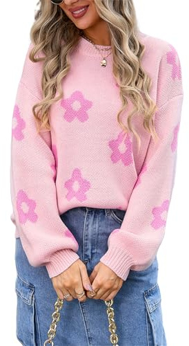 HEYPORK Damen Herbst Winter Warm Bequem Pullover Casual Mode Strickjacke Strickpullover Frauen Blume Colour Blocking Rundhals Peplum Strickpullover