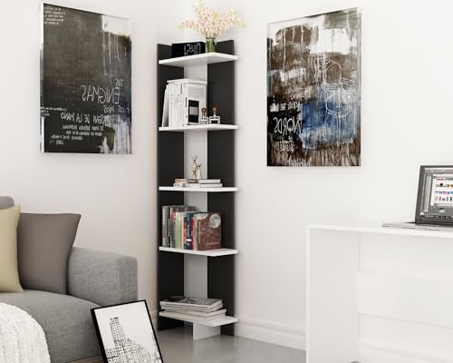 Modern Wall-Mounted Bookshelf, Black & White, 45 x 170 x 22 cm | 100% Melamine Coated Particle Board, 18 mm Thick | Stylish Storage Solution for Home & Office