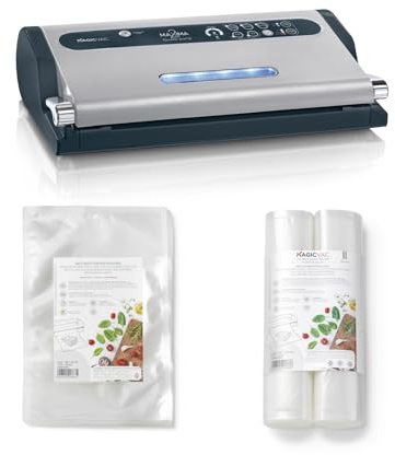 Magic Vac, Maxima 2 Macchina Sottovuoto Alimenti Multifunzione, 55 Sacchetti Sottovuoto 20x30 cm e 2 Rotoli Sottovuoto 30x600 cm, Made in Italy