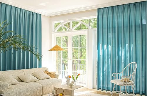 Dsnyu Vorhänge Wohnzimmer Vintage, Küchenvorhang Blau Volltonfarbe Polyester Gardinen für Schlafzimmer 2er Set 137x160cm BxH