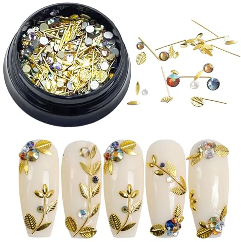 Leaf Nail Charms, Gold leaves Metallic Mini Nail Art Decals 3D Metal Nail Jewelry for Nail Decorations DIY Nail Accessories for Women Girls
