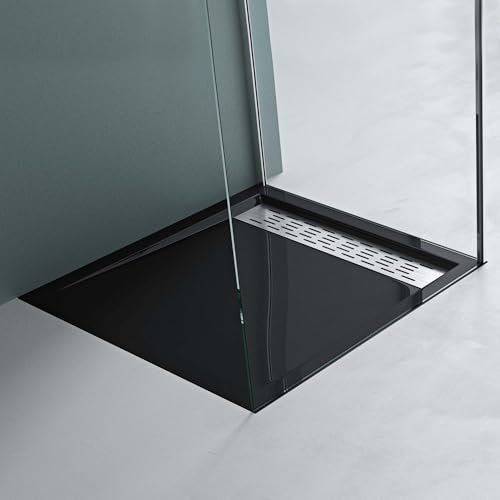 Mai & Mai Piatto Doccia Quadrato 90x90x5 cm | con Scarico Laterale Griglia Inox | Piletta di Scarico Inclusa (AL01) | Acrilico Nero, Xetro04