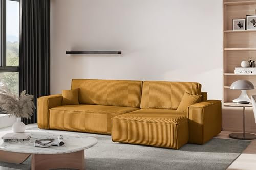 Kaiser Möbel - Ecksofa mit Schlaffunktion - Big Sofa - 274 x 142 cm - Cord Stoff, L Form, XXL, mit Bettkasten - Große Liegefläche 230 x 140 cm - Eckcouch, Wohnlandschaft - Best XL Rechts, Senffarbe