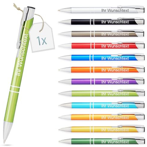 Kugelschreiber mit Gravur | personalisierter Stift mit Wunschtext | blaue Mine | Werbegeschenk & Werbeartikel | personalisierte Kulis für Hochzeit, Büro & Schule (Hellgrün, 1 Stück)