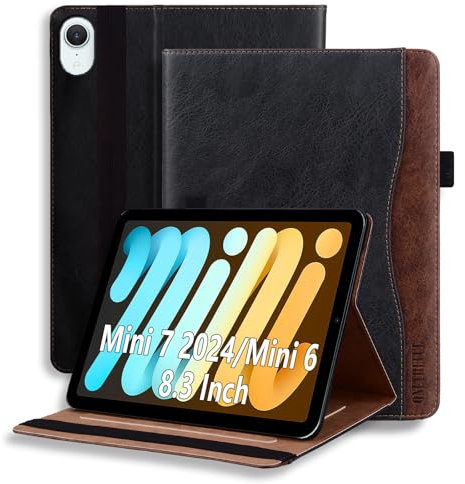 ONETHEFUL Hülle für iPad mini (A17 Pro 2024 Modell 7.Generation)/Mini 6 (2021 Modell 6. Generation) 8,3 Zoll Flip PU Leder Cover Stoßfest, Schutzhülle mit Stifthalter und Standfunktion Schwarz
