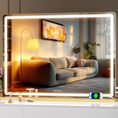 Hasipu Kosmetikspiegel mit Beleuchtung, 100 x 75cm LED Schminkspiegel, Beleuchteter Schminkspiegel mit dimmbaren 3 Modi, Touchscreen Steuerung Kosmetikspiegel