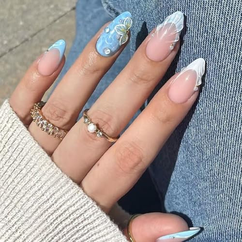 GlamRays Sommer Strand Press on Nails 24 Stück 3D Stil Akryl Falsche Nägel Mittelgroße Mandeln Glanzblau French Tips Falsche Nägel Gel Kleber auf Nägeln Maniküre Blume