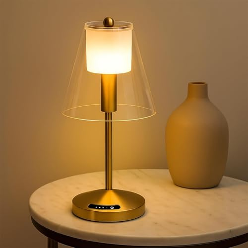 OUTON Cordless Rechargeable LED Table Lamp – Touch Stepless Dimming, Battery Indicator, USB-C & A Output, Dual Lampshade, 3 Color Temperatures, Waterproof for Home & Outdoor, Modern Design (Gold)