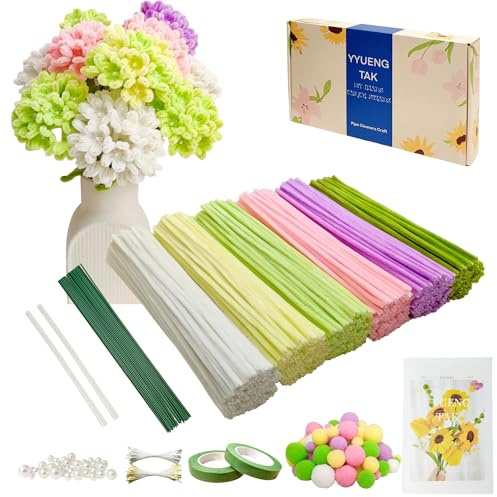 YYUENG TAK 500 Stück Pfeifenreiniger blumen set in Rosa und Grün(Spring Garden),Geschenkbox enth Anweisungen,25 Blumendraht,100 Staubblatt,Perle,pompons,pfeifenputzer zum basteln Blumen Basteln & Diy