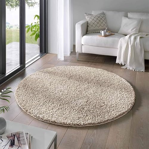Taracarpet Shaggy Teppich Wohnzimmer Venezia Hochflor Langflor Teppiche modern Beige 080 cm rund