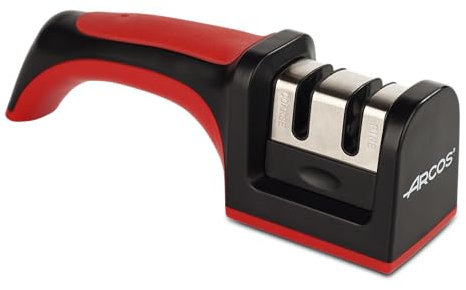 ARCOS Affilatore Professionale con Manico Ergonomico per l'Uso Manuale per Affilare e Lucidare i Coltelli. Rulli in Ceramica e Carbonio. Colore Rosso e Nero