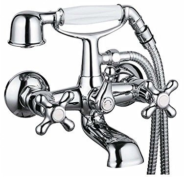Clever Grifo de baño ducha bimando mural, 2 salidas de agua, incluye teléfono, flexo y soporte a pared