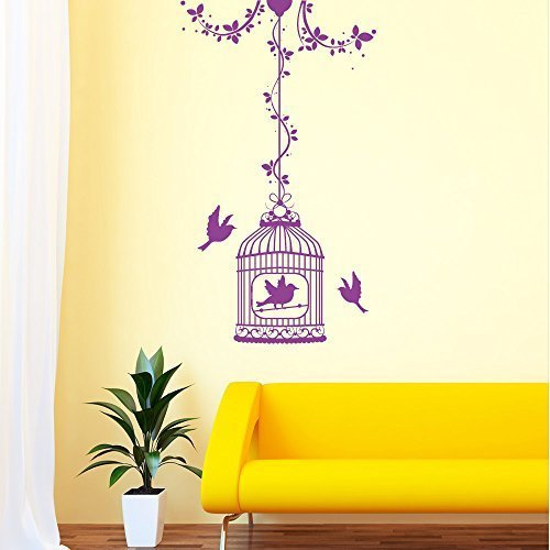 Wandtattoo Loft „Vogelkäfig mit Ranken und Vögel“ - Wandtattoo / 49 Farben / 3 Größen/flieder / 55 x 96 cm