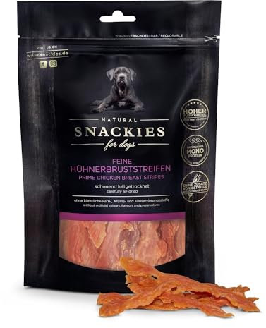SNACKIES Premium Snacks für Hunde, ohne Zusatz von Getreide, Zucker, Farb-, Aroma- und Konservierungsstoffe, schonend luftgetrocknete Leckerli, Feine Hühnerbruststreifen 180g