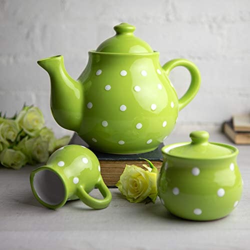 City to Cottage® Lime Green and White Polka Dot Handmade Hand Painted Ceramic Large 1,7l/60oz/4-6 Cup Teapot, Milk Jug, Sugar Bowl Set