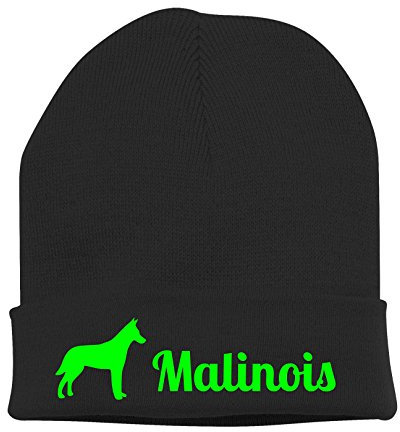 siviwonder Beanie strickmütze mit Hunderasse Stickerei - Malinois belgischer Schäferhund Belgian Schutzhund Polizei - Stickerei Hund Winter Mütze warm für gassi Spaziergang schwarz-neongrün