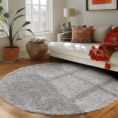 Carpettex Hochflor Teppich 80 cm Rund Hellgrau - Flauschiger Extra Weich und Pflegeleicht - Shaggy Modern Einfarbig Design für Wohnzimmer, Schlafzimmer, Esszimmer und Küche