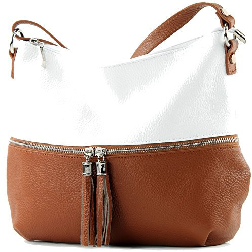 modamoda de T159 Damen Leder Umhängetasche Schultertasche Medium handmade in Italy, Farbe:Weiß/Cognac