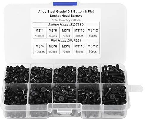 FTVOGUE 720 Stücke Zylinderschrauben M3 * 4/6/8/10/12 Schwarz Legierter Stahl Flachkopfschrauben Schrauben Muttern Sortiment Kit mit Kunststoffbox