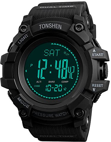 TONSHEN Herrenuhr Outdoor Sport Militär Digital Kompass Uhren Multifunktional Höhenmesser Thermometer Schrittzähler LED Double Zeit Plastik Armbanduhr (Schwarz)