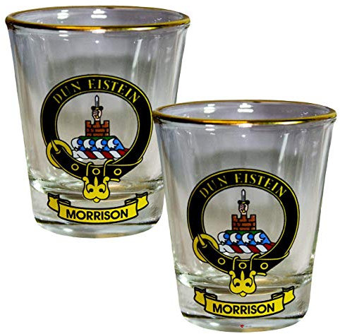I LUV LTD Shot Glass Wee Dram Morrison Clan Crest Set of 2 Whisky Tots