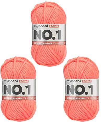 myboshi No.1 Wolle zum Häkeln und Stricken, Schnellstrickgarn, langlebige Mützenwolle, Strickwolle, Häkelwolle, mulesing-frei, 50g, Ll 55m Rosa (Rouge) 3 Knäuel