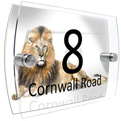 Colourbat Watercolour Animals Personalised Modern House number Sign Name and Number Street Wall Plaque (Lion)