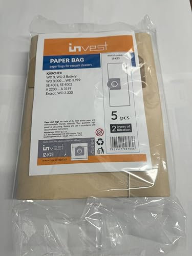 Invest - Staubsaugerbeutel, Filtertüten Beutel kompatibel mit Kärcher: 2701, 2701 TE, 2731, 3011, 6.904-051, K 2001, K 2701, K 2701 TE, WD 3, WD 3 Battery Premium Set - Ersatz, Braun, 5 Stück
