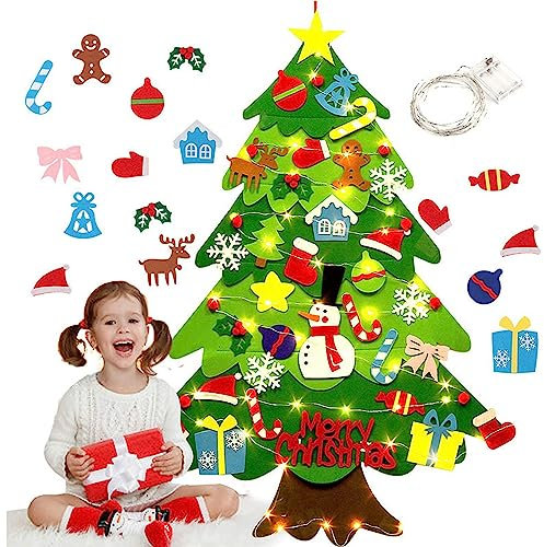 Feutre Arbre de Noël avec 50 LEDs 5m, Sapin Décoration Vitrine DIY avec 34 Ornements Détachables, Cadeaux pour Enfants, Porte-Manteau, Décoration Murale de Porte