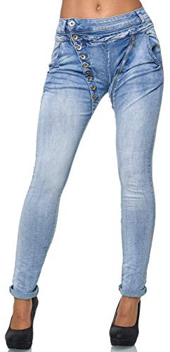 Elara Damen Jeans Boyfriend Baggy Knopfleiste Chunkyrayan C613M Hellblau 38 (M)