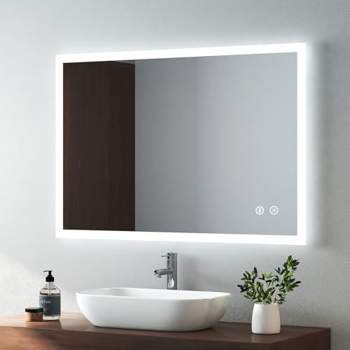 EMKE 1000 X 700 mm Illuminated Backlit Led Bathroom Mirror with Bluetooth, Wall Mounted Multifunction Bathroom Vanity Mirror with Shaver Socket and Demister Pad, Energy-Saving Illuminated Smart Mirror