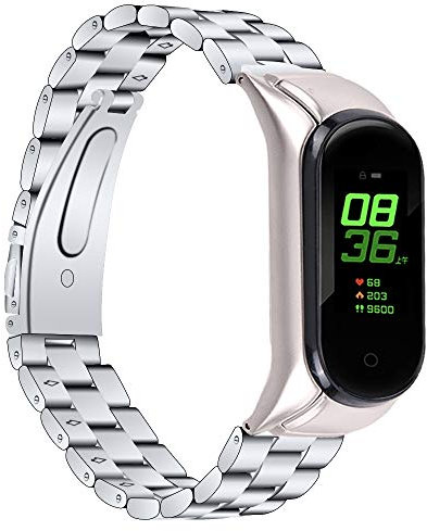 KangPlus Armband für Damen aus Metall für Mi Band 5, wasserdicht, Edelstahl, Ersatzarmband, verstellbar, 14–20,3 cm, kompatibel mit Xiaomi Mi Band 5, Silber