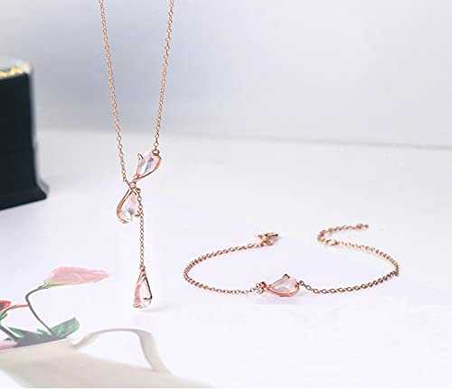 LOKILOKI Sakura Schmuck Set 925 Sterling Silber Kirschblüten Blütenblatt Rosenquarz Roségold Plattiert Edlen Schmuck Im Japanischen Stil Halskette Armband