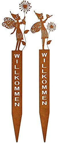 matches21 Dekostecker Elfen mit WILLKOMMEN Gartenstecker Metall Skulpturen Dekofiguren Rostoptik 2er sort 11x56 cm