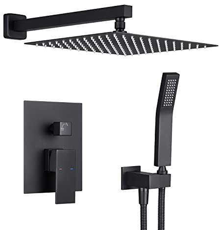Artiqua Regenduschsystem, Dusch-Kombi-Set, schwarz, Wandmontage, Wasserhahn, Badezimmer-Armaturen mit 30,5 cm Regenduschkopf und Handbrause