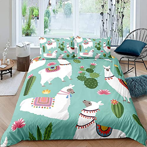 Homemissing Süßes Lama-Bettwäsche-Set für Mädchen, Jungen, Kinder, Cartoon, Lama, Alpaka, Bettwäsche und Leinen, exotischer Kaktus, Bettbezug, Boho-Sukkulenten, Bettwäsche und Leinen, King-Size-Größe,