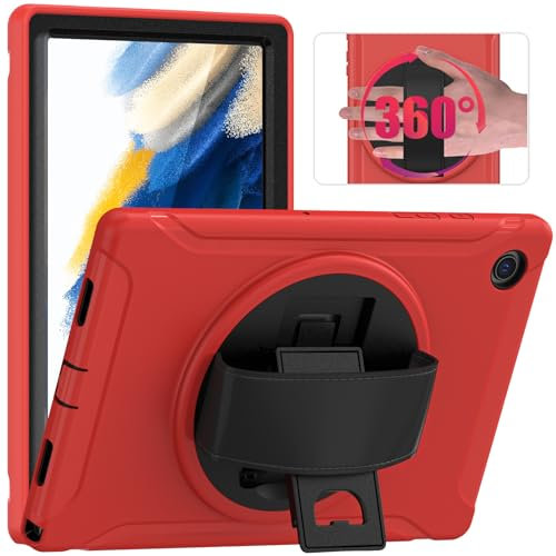 Junfire Samsung Galaxy Tab A8 Hülle 10,5 Zoll, Samsung A8 Tablet Hülle 2021, robuste, stoßfeste Abdeckung mit Displayschutzfolie, drehbarer Ständer und Handschlaufe für SM-X200/X205/X207, rot