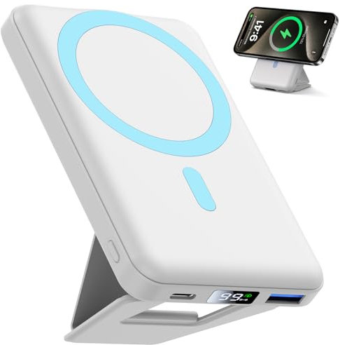 Batterie Externe iPhone Magnétique Pliable,Compatible avec MagSafe,YAGOPAL 10000mAh sans Fil Power Bank Charge Rapide PD 22.5W,Affichage LED, pour iPhone16/15/14/13/12 Series(Blanc)