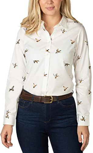 Rydale Ladies Printed Shirt Women’s Button Down Shirts 100% Cotton Animal Print Blouse 5 Colours (Flying Ducks White, 20)