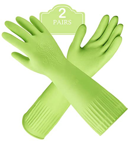 Disfore Lot de 2 paires de gants en caoutchouc durable, réutilisables, antidérapants, gants de vaisselle imperméables à manches longues pour protéger les mains, gants de cuisine doux et confortables