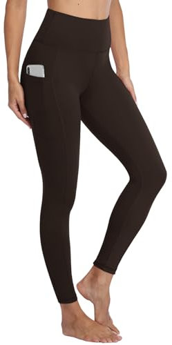 Gayhay Leggings Damen High Waist Sport Leggins mit Taschen Blickdicht Sporthose Lang Hose Bauchweg Laufhose für Sport Yoga Gym Kaffeebraun.S-M