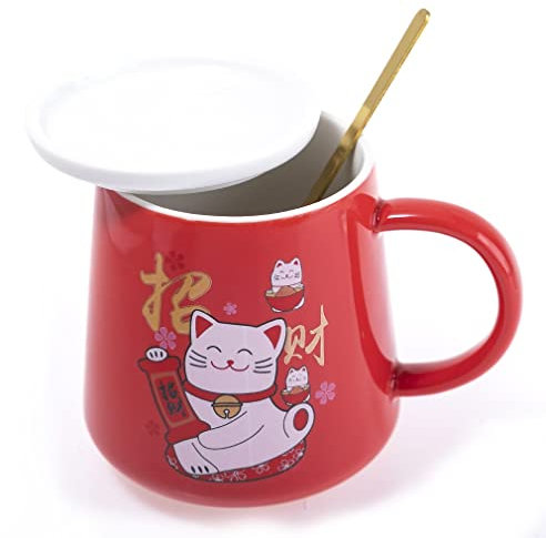 lachineuse - Tasse Chat Maneki Neko 250ml - Mug Rouge en Porcelaine avec Couvercle & Cuillère - Mug Japonais Original à Thé & Café - Chat Japonais Kawaii Lucky Cat - Idée Cadeau Japon Asie
