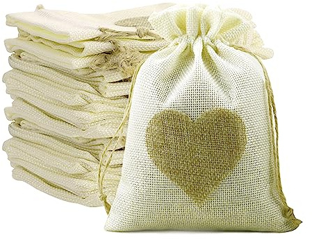 Jutesäckchen, 13x18cm Jute Beutel mit Kordelzug, Herz Leinen-Säckchen, Sackleinen Taschen, Baumwolle Kleine Beutel für Schmuck DIY Handwerk Hochzeit Party Weihnachte 20 Stück