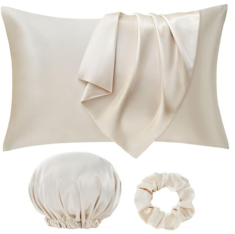 Seiwohl Silk Satin Pillowcase Soft as Silk Pillowcases for Hair and Skin Beige Pillow Cases 2 Pack with Satin Scrunchies and Bonnet for sleeping, Cooling Pillow cases Envelope Closure, 50x75 cm