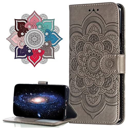 IMIRST Flip Case for iPhone 13 Pro PU Leather Wallet Closure Embossed Shockproof Cover with Kickstand Card Slots Holder for Apple iPhone 13 Pro. LD Mandala Gray