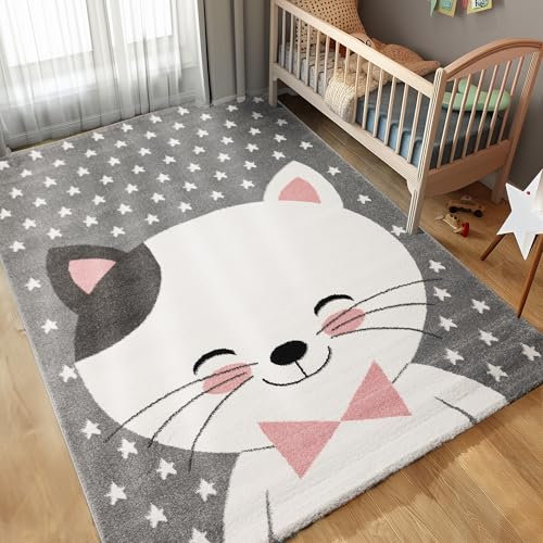 Carpettex Kinderteppich Katze Design Pink 140 x 200 cm - Kurzflor Teppich Kinderzimmer für Mädchen und Jungen Pflegeleicht Weich - Waschbarer Spielteppich Babyteppich Gaming Teppich Babyzimmer