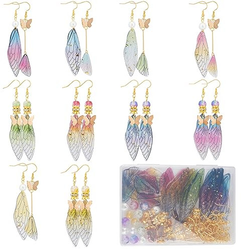 SUNNYCLUE 1 scatola Fai Da Te 10 paia di Ciondoli Ad Ala di Farfalla Orecchini Che Creano Kit Iniziale Ali di Farfalle In Resina Lamina Perline di Vetro Glitter Bar Collegamenti Connettori Ganci per O